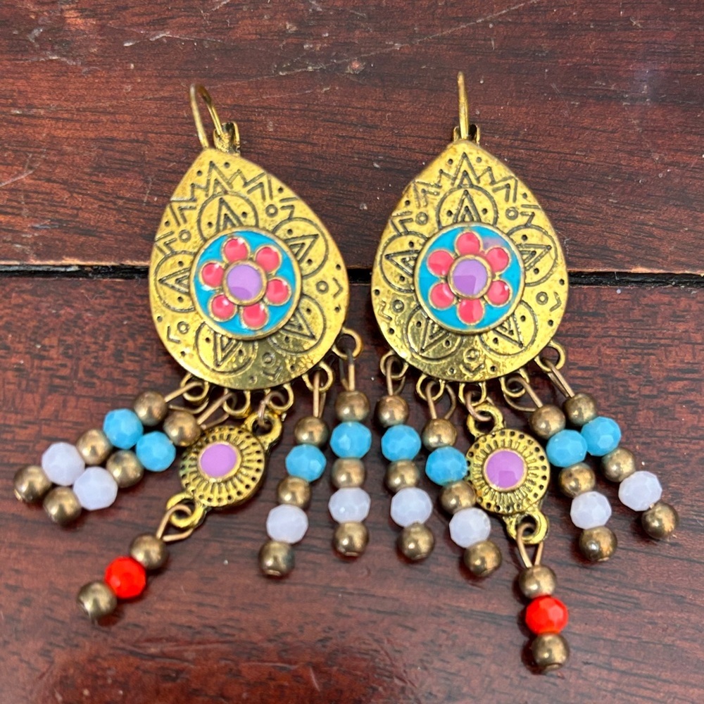 Bohemian Gold and Multicolor Dangle Earrings